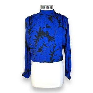 Vintage Emmanuel Ungaro Silk Leaf Blouse High Neck Long Sleeve Blue & Black 6